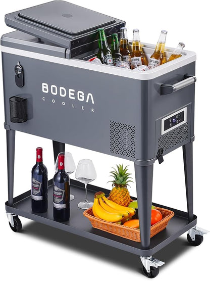 BODEGACOOLER 50QT Electric Cooler with Wheels, Compressor Rolling Cooler | Ice-Free, AC & 12V DC Power, 45dB Quiet, IPX5, Pull-out Handle, Dual-side Lid w/ Opener, Locking Casters, Steel Body