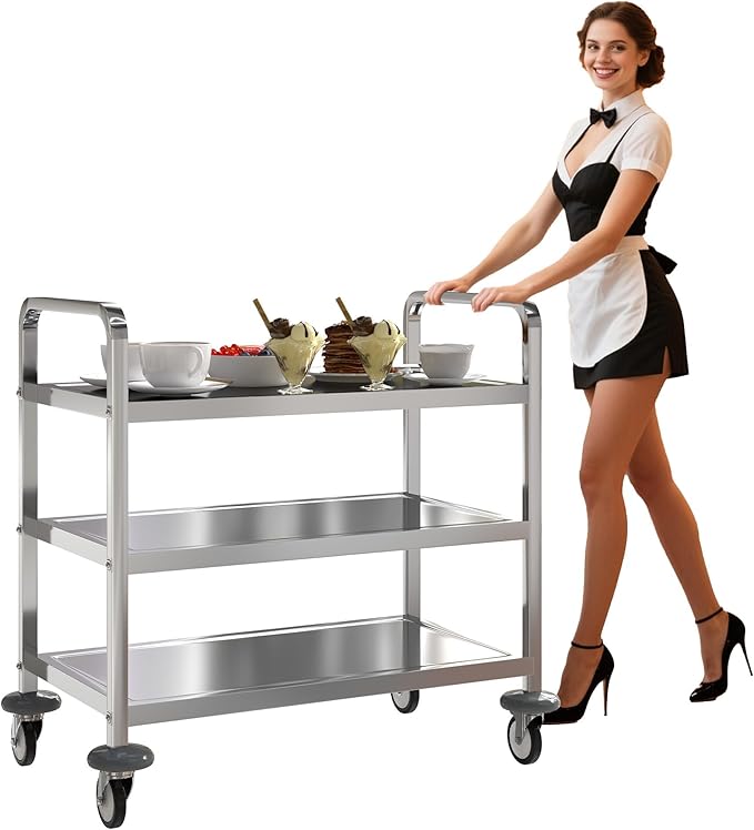uyoyous 3 Tier Stainless Steel Utility Cart, Commercial Serving Cart | 400 lbs Capacity Heavy Duty Rolling Cart with 360° Rotation Wheels for Kitchen Hotel Restaurant Home, 30" L x 16" W x 33" H