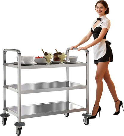 uyoyous 3 Tier Stainless Steel Utility Cart, Commercial Serving Cart | 400 lbs Capacity Heavy Duty Rolling Cart with 360° Rotation Wheels for Kitchen Hotel Restaurant Home, 30" L x 16" W x 33" H