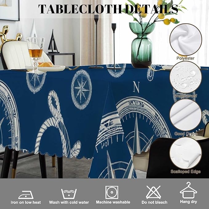 Swono Compass Table Covers 52x70 Inch Vintage World Map Wind Rose Rope Knot Nautical Compass Tablecloth Kitchen Dinning Tabletop Decoration, Blue Table Cloth for Outdoor and Indoor Use