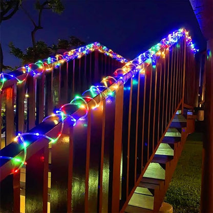 YEGUO Solar Rope Lights Outdoor Waterproof, 66ft 200 LED Multicolor String Lights, 8 Modes Fairy Lights in Clear Thin Tube
