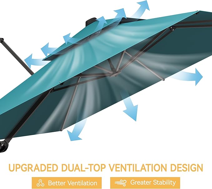 10x10 FT Patio Umbrella with Base, Large Cantilever Double Top Heavy Duty Offset Umbrellas with 360° Rotation, Outdoor shade for Garden Deck Pool, Turquoise