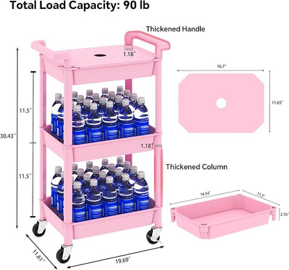Steehoom 3-Tier Utility Rolling Cart with Cover Top Board, Mobile Utility Cart with Lockable Casters Multi-Functional Storage Trolley for Office, Bathroom, Kitchen, Garden, Laundry Room (Pink)
