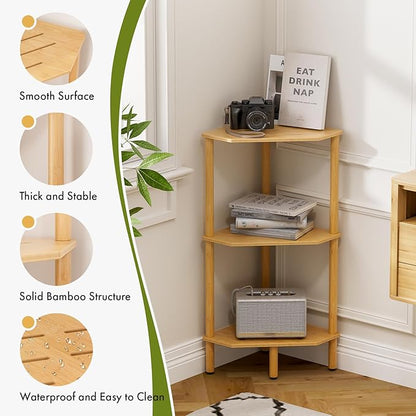 3 Tier Bamboo Corner Shelf, Storage Stand with Adjustable Feet, Small Space Corner Bookcase, Outdoor Plant Stand, Space-Saving Organizer for Bathroom Kitchen Living Room