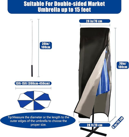 420D Waterproof Patio Umbrella Cover for Double-Sided 13-15 ft | Outdoor Parasol Cover, Telescopic Pole, Windproof Zipper, Top Vent, Anti-UV