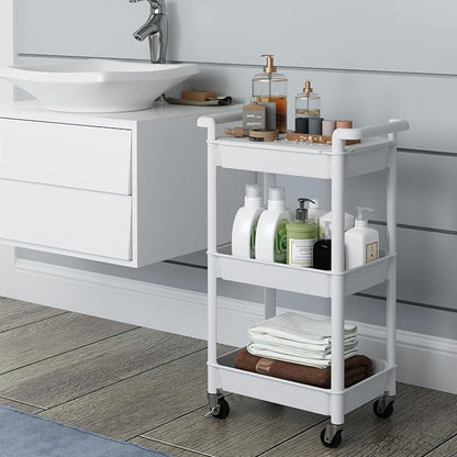 Steehoom 3-Tier Utility Rolling Cart with Cover Top Board, Mobile Utility Cart with Lockable Casters Multi-Functional Storage Trolley for Office, Bathroom, Kitchen, Garden, Laundry Room (White)