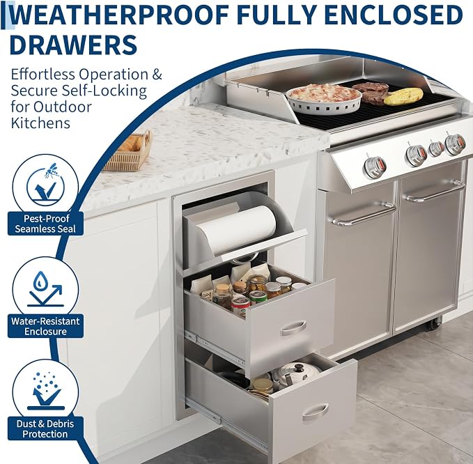 Garvee Outdoor Kitchen Drawers 17"Wx21"Dx30"H, Flush Mount Access BBQ Drawers with full Stainless Steel,Weatherproof & Rust-Resistant,for Outdoor Kitchen Island, Patio Grilling Tools & Spices | Stainless Steel - Weatherproof Rust-Resistant Drawers for ...