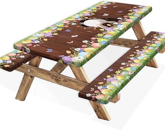 Easter Picnic Table Cover with Bench Covers Elastic Edges, Cute Bunny Flower Brown Wood Fitted Table Cover, Outdoor Patio Camping Essentials, Waterproof Camping Fitted Tablecloth, 3PCS, 30x60 Inch