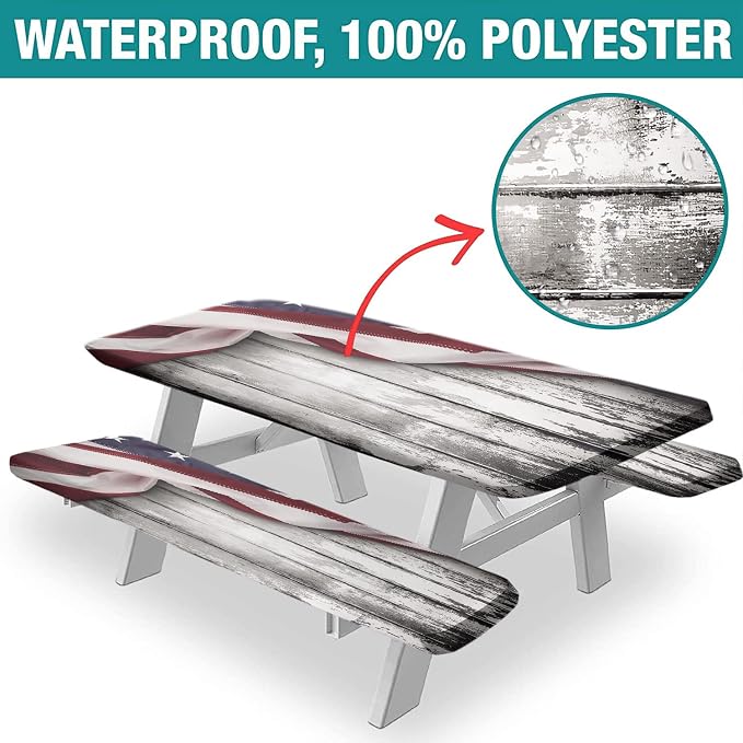 USA Flag Fitted Picnic Table Cover with Bench Covers, 3 Pieces Set, American Flag on Wooden Background Print Elastic Edged Rectangluar Table Cover, 28x72 Inch, Great for Picnic Party Outdoor Patio Use