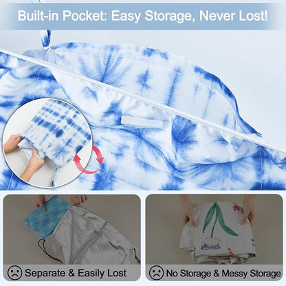 Picnic Table Cover with Bench Covers Windproof Waterproof Picnic Table Covers Camping Tablecloth with Self-Storage Bag, 72in, Blue Tie-dye