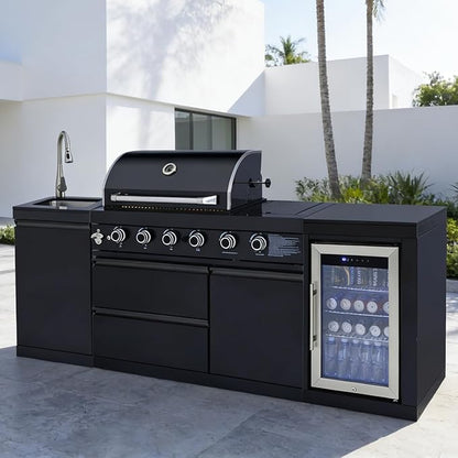 85" Outdoor Kitchen Island with Grill and Side Burner, 4-Burner 71,500 BTU Propane BBQ Island, Refrigerator, Sink & Rotisserie, for Backyard and Patio Cooking, Black