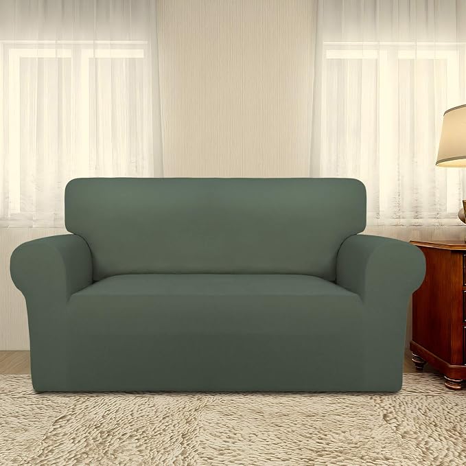 PureFit Stretch Loveseat Covers Fleece Couch Covers for Sofa Grayish Green | 1-Piece Sofa Slipcover Soft Couch Protector, Sofa Cover Washable with Non Skid Foam and Elastic Bottom for Kids, Dogs
