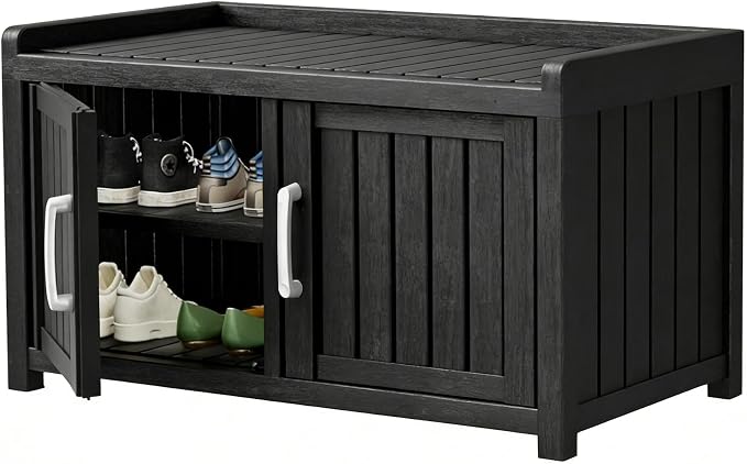 2-Tier Storage Bench, 2 Doors Waterproof Resin Shoe Bench with Adjustable Shelves - Entryway Bench with Seating, Indoor & Outdoor Use for Bedroom, Hallway, Living Room, Black