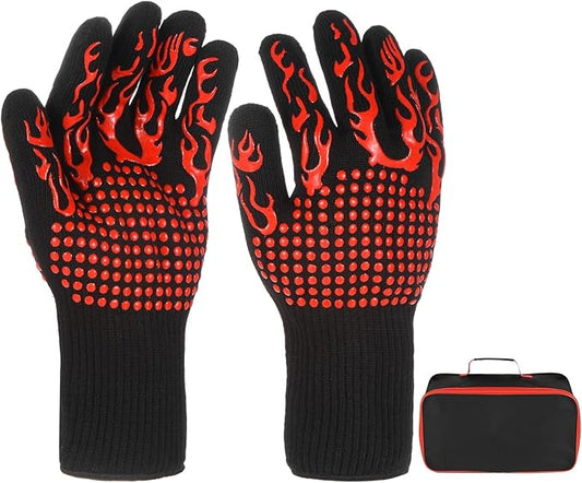 M METERXITY 1-Pair BBQ Gloves, 1472°F Heat Resistant Non-Slip Grilling Oven Gloves for Barbecue/Baking/Cooking, with Storage Bag [Flame Pattern L, Red]