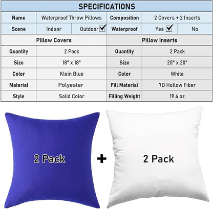 Outdoor Throw Pillows with Inserts, Waterproof Pillows for Outdoor Seating, Square Decorative Garden Cushion for Patio Furniture, Bed, Couch, Sofa(Klein Blue, 18" x 18" (Pack of 2))