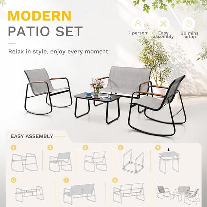 DWVO 4-Piece Rocking Patio Furniture Set, Textilene Conversation Set, Grey | Heavy-duty Patio Set w/Breathable Fabric, Smooth Rocking, Wooden Armrest, Tempered Glass Table, Easy Assembly and Cleaning