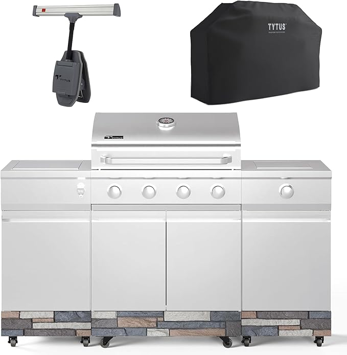 Tytus Fresno 5-Burner Propane or Natural Gas Island Grill – 864 sq. in. Cooking, 48,000 BTU Main + 12,000 BTU Side Burner, Porcelain Grates, Storage Cabinets, Semi-Portable - SS/Ash Stone Starter Kit