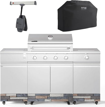 Tytus Fresno 5-Burner Propane or Natural Gas Island Grill – 864 sq. in. Cooking, 48,000 BTU Main + 12,000 BTU Side Burner, Porcelain Grates, Storage Cabinets, Semi-Portable - SS/Ash Stone Starter Kit