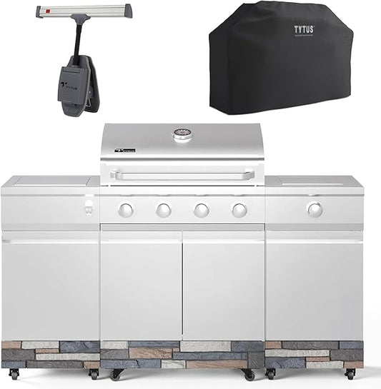 Tytus Fresno 5-Burner Propane or Natural Gas Island Grill – 864 sq. in. Cooking, 48,000 BTU Main + 12,000 BTU Side Burner, Porcelain Grates, Storage Cabinets, Semi-Portable - SS/Ash Stone Starter Kit