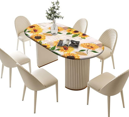 Oval Sunflower Fitted Tablecloths, Vintage Yellow Sunflower with Newspaper Backdrop Elastic Edged Table Cover, Wrinkle Resistant Table Cloths for Indoor Family Banquet Use, Fits to 52x70 In Table