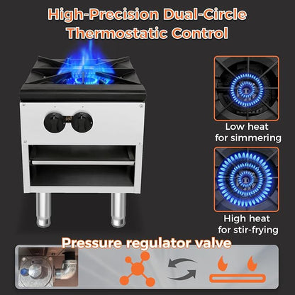 Stock Pot Countertop Burner,NG LP Commercial Range with 80000BTU Heating Output,430 Stainless Steel Housing,Slide-Out Waste Tray,Adjustable Legs for Restaurant Catering Kitchen Use (Silver,1 Burner)