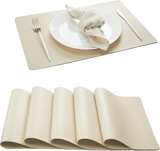 DOLOPL Placemats Set of 6-17"x11.8", Faux Leather Heat Resistant Table Placemat for Dining Table Protection, Waterproof Wipeable & Washable Kitchen Table Mats for Dining,Party,BBQ,Holiday(Beige)