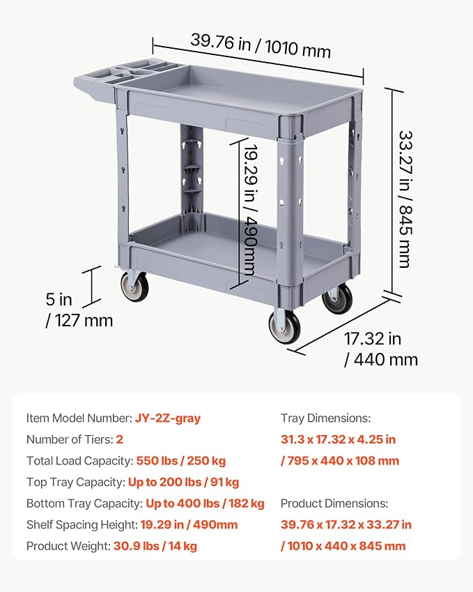 VEVOR Utility Cart, 550 lbs Capacity, 2 Tier Service Cart with 360° Swivel & Fixed Wheels (2 with Brakes), Heavy Duty Plastic Rolling with Storage Tray, Tool Storage for Garage Warehouse Workshop