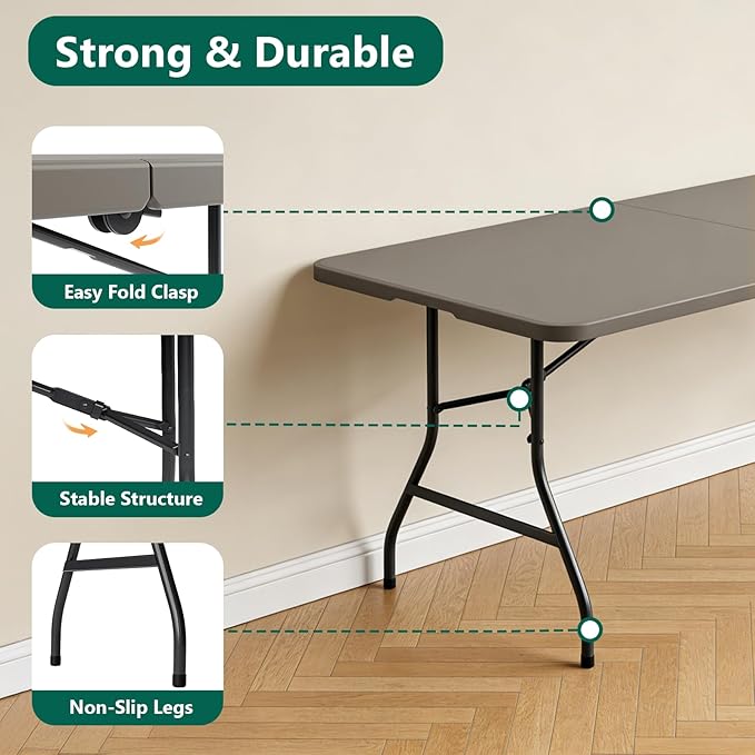 6FT Folding Table, Heavy Duty Plastic Fold-in-Half Utility Table with Handle, Portable Camping Picnic Table with Steel Legs for Indoor Outdoor Party, Dining, Khaki,2 Pack