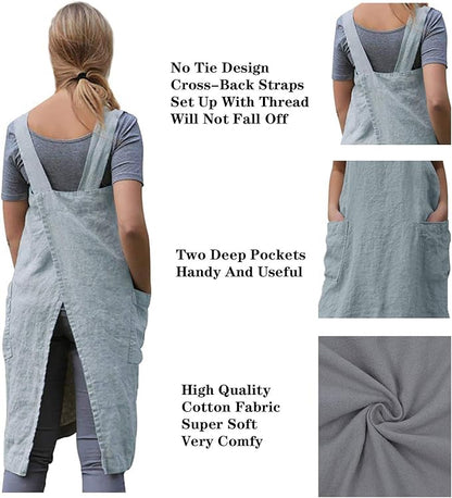 TBA Cotton Linen Apron Cross Back Apron for Women with Big Pockets Square Pinafore Dress for Baking Cooking BBQ & Grill