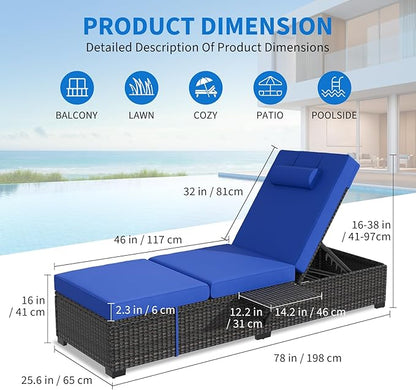 Garvee 2-Pack Adjustable Chaise Lounge Chairs with Side Table, 5-Position PE Rattan Recliners with Sky Blue Cushions & Headrest, All-Weather Brown Wicker Pool Loungers for Patio Garden Deck