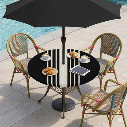 Outdoor Fitted Tablecloth with Umbrella Hole and Zipper, Black Beige Striped Elastic Round Patio Table Cover, Farmhouse Retro Lines Modern Windproof Table Protector for Backyard BBQ Party 36''-44''