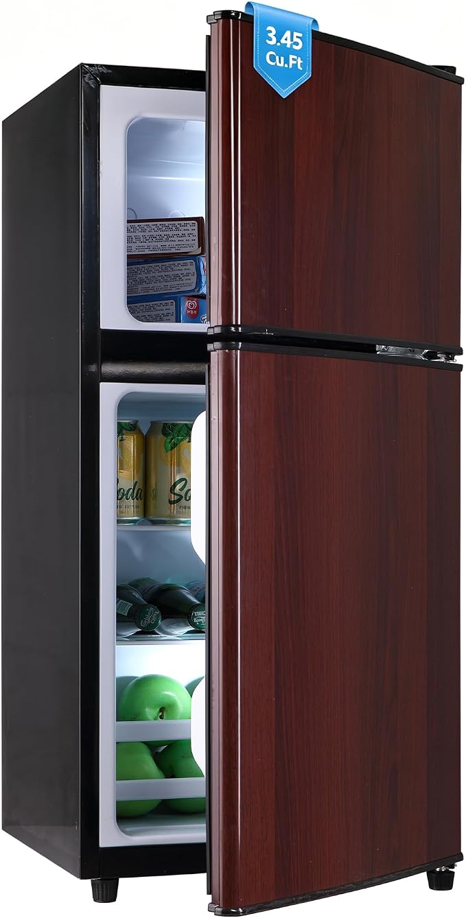 Dorm Fridge with Freezer, Small Refrigerator 3.45 Cu. Ft. with Freezer | 7-Level Temperature Adjustable Apartment Size Fridge with Removable Shelves for Kichen, College, Office, Apartment, Wood