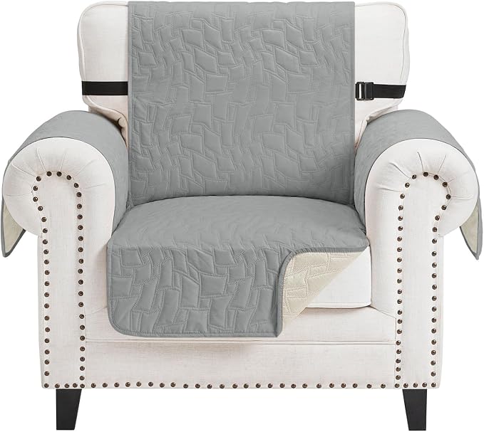 CUCRAF Non Slip Quilted Sofa Cover, Water Resistant Slipcover Furniture Protector for 1 Cushion Sofa Pet Friendly, Washable Couch Cover with Adjustable Elastic Straps (Small Chair, Light Gray)