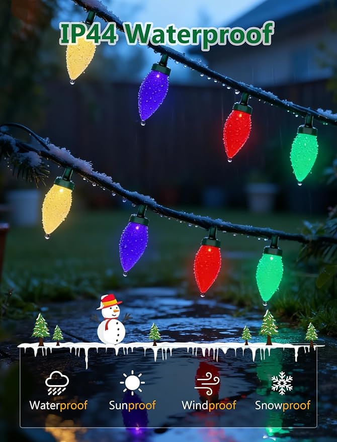 C9 Christmas String Lights Outdoor, 26FT 50 LED Vintage Multicolor Fairy Lights, Plug in UL Listed Waterproof Connectable Christmas Tree Lights for Home, Roofline, Garden, Patio Decor, Green Wire