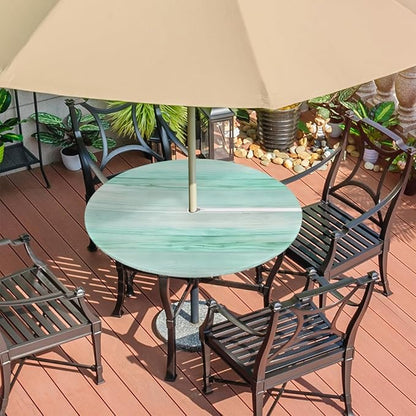 Fitted Round Tablecloth with Umbrella Hole and Zipper Green Stripes Texture Outdoor Elastic Table Cloth 45"-56" Oil-Proof Waterproof Gradient Patio Table Cover for Party Outdoor