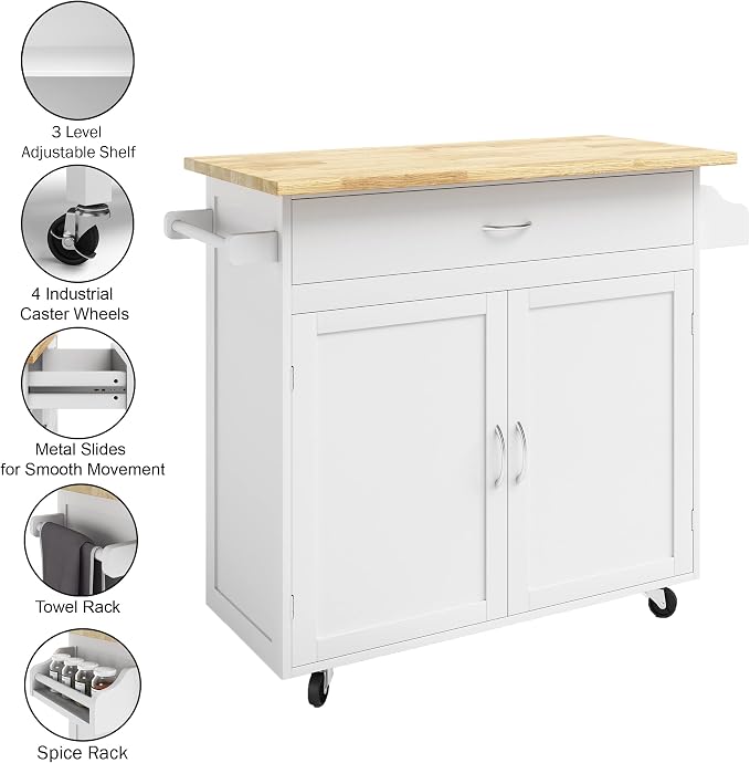 Lavish Home Mobile Kitchen Island with Spice Rack & Storage Cabinet, White | Rolling Cart with Drawers for Coffee Bar, Adjustable Shelves, Towel Rack, Counter Space, Microwave Stand with Storage Shelves
