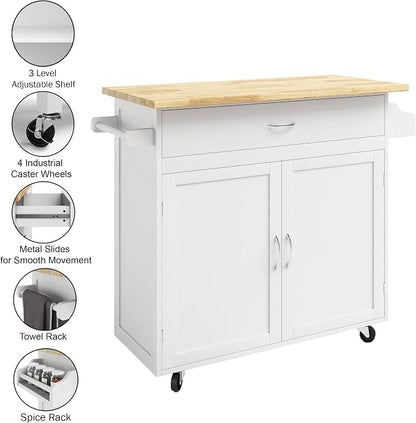 Lavish Home Mobile Kitchen Island with Spice Rack & Storage Cabinet, White | Rolling Cart with Drawers for Coffee Bar, Adjustable Shelves, Towel Rack, Counter Space, Microwave Stand with Storage Shelves