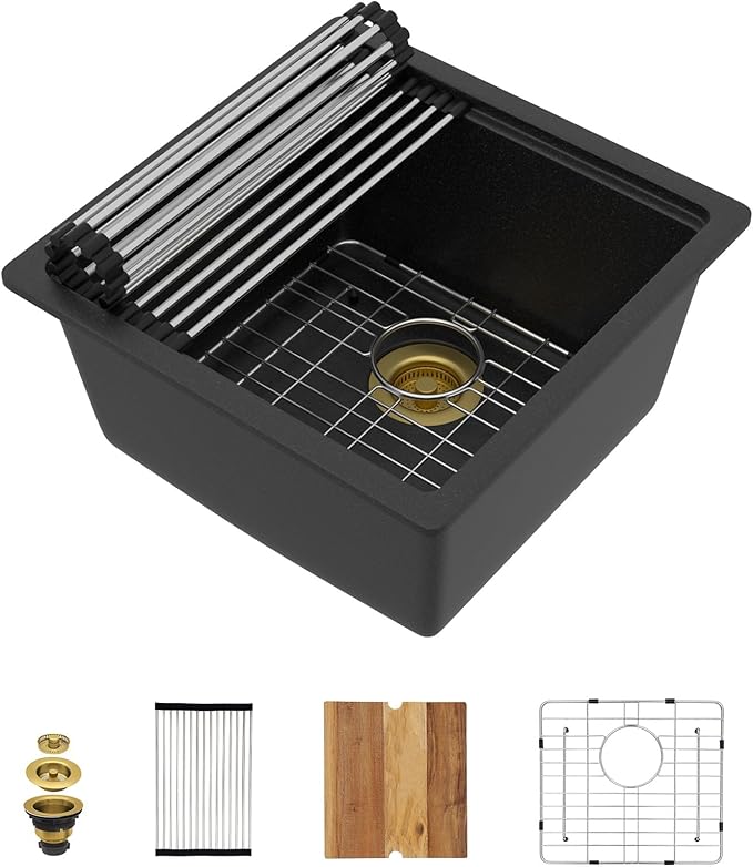 18x18 Inch Undermount Bar Sink Workstation - Matte Black Granite Composite Single Bowl Classic Quartz Under Counter Small Wet Prep Sink for Kitchen Bar, RV, and Boat #TLGU-130