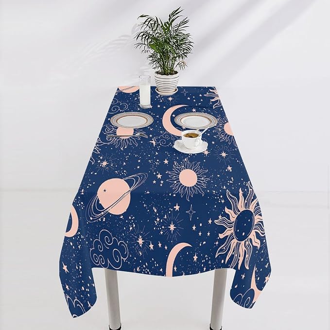 Moon Sun Tablecloth Vintage Star Magical Galaxy Space Boho Celestial Table Cloth Water Resistant Wipeable Table Cover for Farmhouse Picnic Party Holiday Kitchen Dinner Table 55"x55"