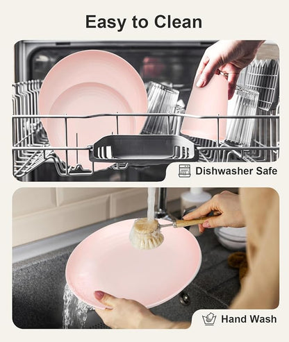 Quatish 24 Piece Plates and Bowls Sets for 6, Unbreakable Dinnerware Sets, Plastic Dish Set for Camping, Dishwasher Microwave Safe, Outdoor Kitchen and Apartment Dorm Dinning RV Essentials, Pink