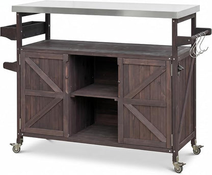 50" Outdoor Kitchen Island Grill Cart with 201 Stainless Steel Top, Solid Fir Wood, Modular Design, Internal Storage & Adjustable Shelves, 4 Lockable Wheels, 400LBS Capacity for Patio BBQ, Brown