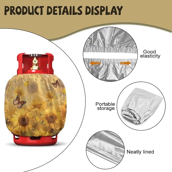 Sunflower Butterfly Propane Tank Cover Fits Standard 20 lb Tank Cylinde Travel Trailer Propane Covers with Elastic Slip in Gas Cover Water & Wear-Resistant for Outdoor and Indoor Use