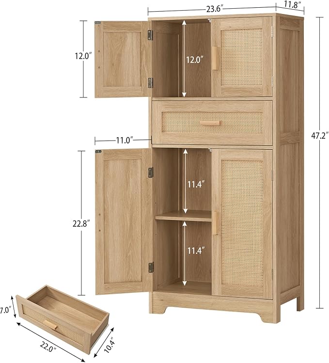 47.2" H Tall Storage Cabinet with Adjustable Shelf, Rattan Cabinet, Cupboard for Living Room, Dining Room, Entryway, Home Office, Natural