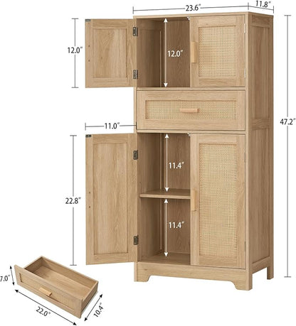 47.2" H Tall Storage Cabinet with Adjustable Shelf, Rattan Cabinet, Cupboard for Living Room, Dining Room, Entryway, Home Office, Natural