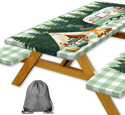 Picnic Table Cover with Bench Covers and Bag, Forest Rv Tent Campfire Checkered Camping Tablecloth Waterproof Windproof Oilproof Elastic Edges Fitted Tablecloths for Outdoor Garden 3PCS 30x72 Inch