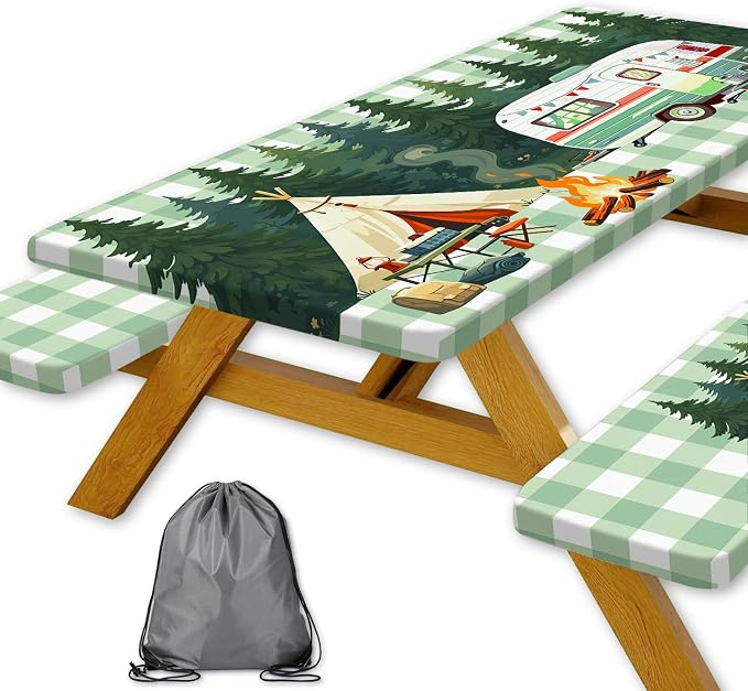 Picnic Table Cover with Bench Covers and Bag, Forest Rv Tent Campfire Checkered Camping Tablecloth Waterproof Windproof Oilproof Elastic Edges Fitted Tablecloths for Outdoor Garden 3PCS 30x96 Inch