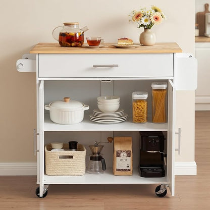 VEVOR Kitchen Island Cart with Storage, 42.28 in Wide Mobile Rolling Storage Island on Swivel Wheels, with Drawer, Storage Cabinet, Drop Leaf, Spice Rack, Table for Home Dining Room, White
