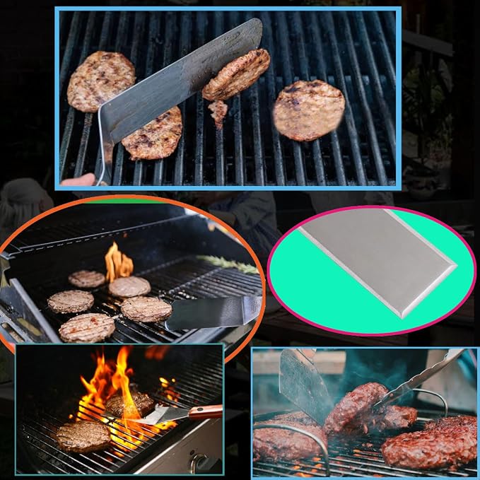 La Cuisine 8 Piece Flat Top Griddle BBQ Accessories Kit with Solid & Perforated Spatulas, Fork, Tong, Cast Iron Meat Press & Squeeze Bottles for Hibachi & Teppanyaki Cooking