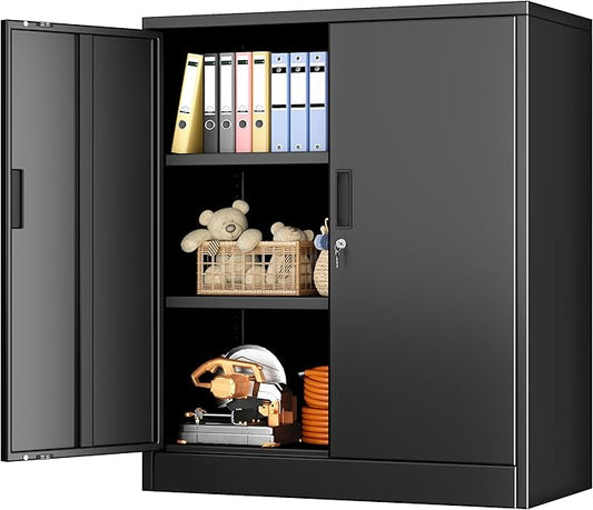 BESFUR Metal Storage Cabinet, Garage Storage Cabinet with 2 Adjustable Shelves, Locking Short Storage Cabinet for Office Garage Home, Black Metal Cabinets (36" H x 31.5" W x 16" D)
