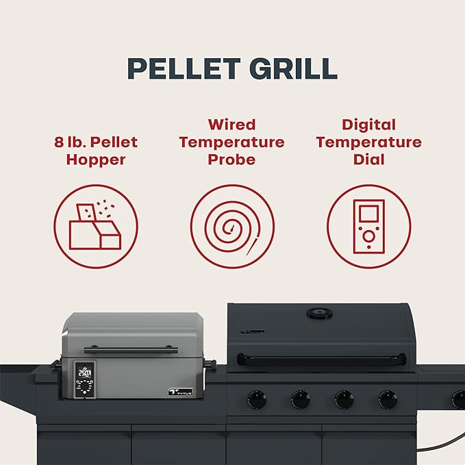 Tytus Anaheim 4-Burner Gas Grill with Prep Cart and Pellet Smoker Grill + Cover, Light, Griddle Insert - Modular Outdoor Kitchen, Quick Assembly, Outdoor Cooking, Kitchen Island for BBQ